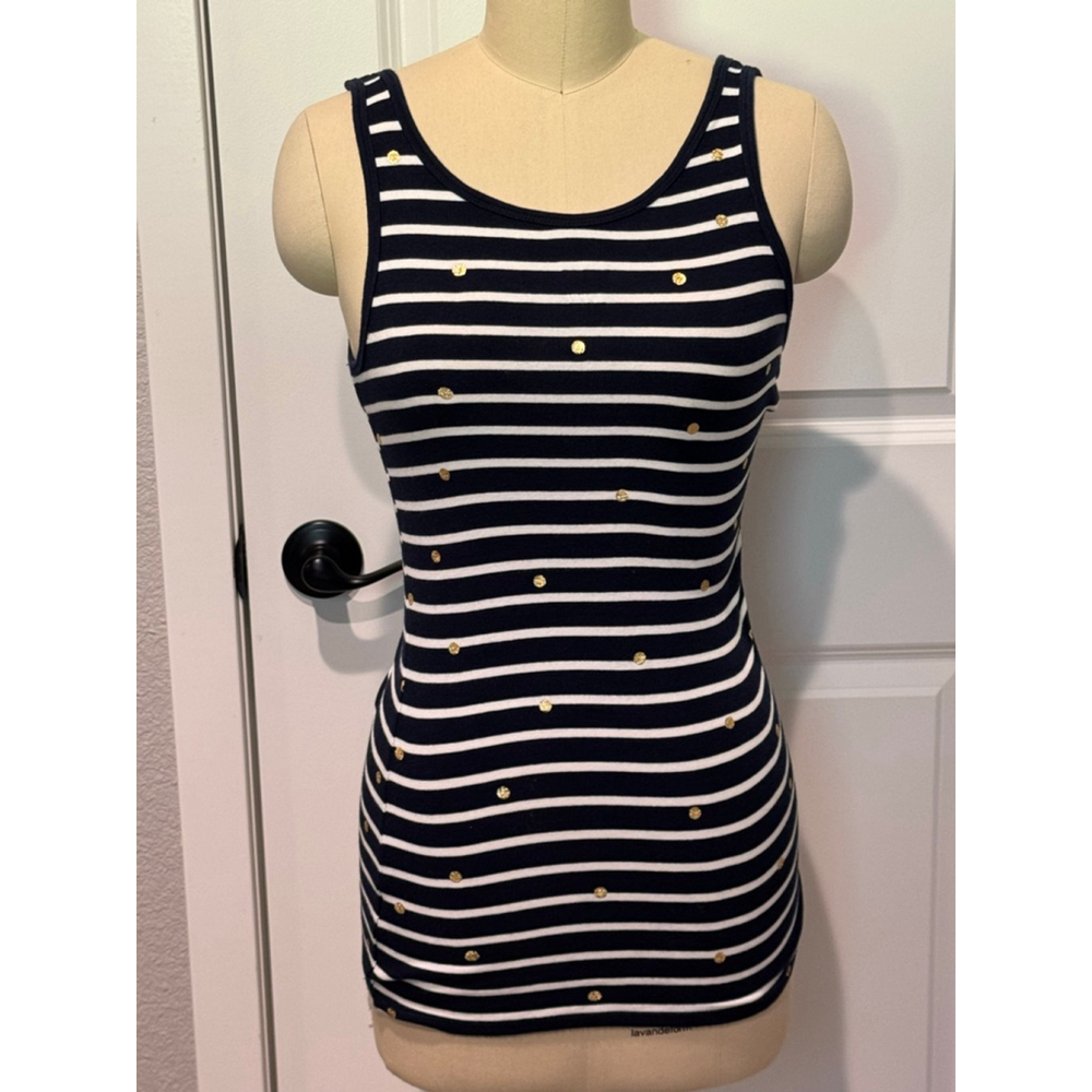 Women's A New Day Navy White Striped Gold Dot Long Tank Top M